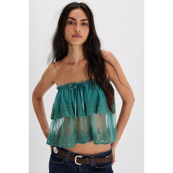 Free People Love You So Lace Tube Top Sheer Embroidered Tiered Ruffle M 283728 - Picture 3 of 8